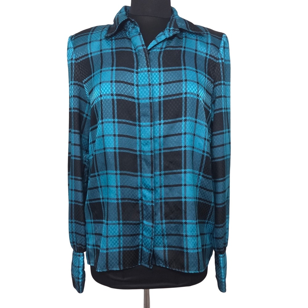 Jaymee Papell Vintage Retro Teal Black Plaid Damask Button Up Blouse Women's M
